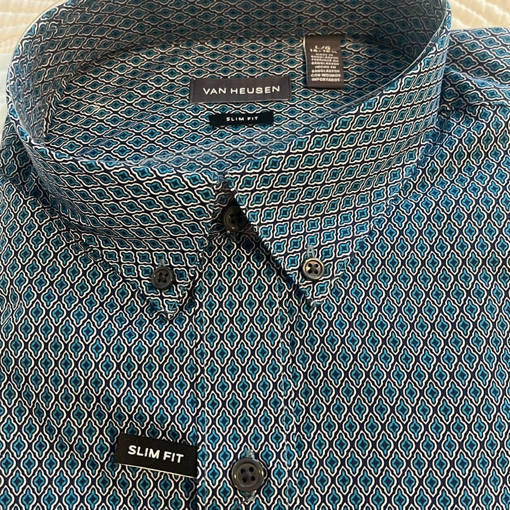 Van Heusen Blue Casual Button Down Shirt with Geometric Pattern